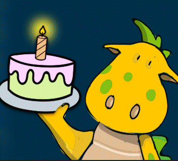 Ein animiertes Bild des Rasmus-Maskottchens, welches einen Geburtstagskuchen in der Hand hält.
