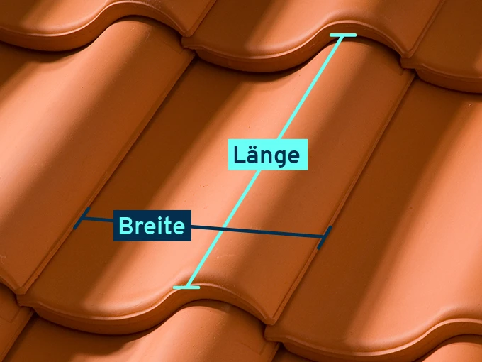 Das Bild eines Dachziegels. Die Länge und die Breite des Ziegels sind hervorgehoben.